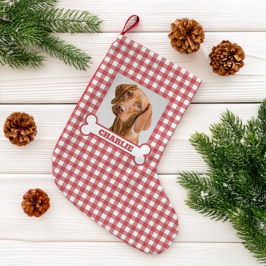 Pet Photo & Dog Bone with Name on Red White Plaid Kleiner Weihnachtsstrumpf