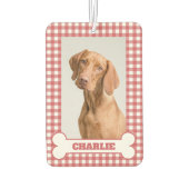 Pet Photo Dog Name in Bone on Red and White Plaid Autolufterfrischer (Rückseite)
