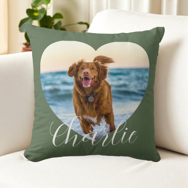 Pet Photo Green Script Cute Heart Personalized Dog Kissen (Pet Photo Green Script Cute Heart Personalized Dog Throw Pillow)