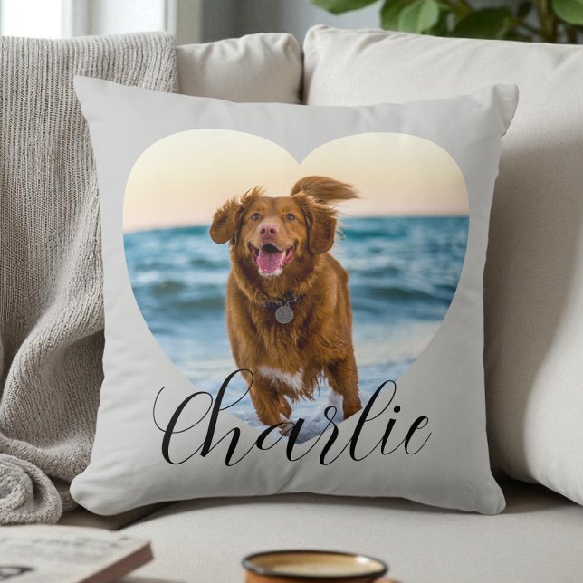 Pet Photo Script Modern Heart Personalized Dog Kissen (Pet Photo Script Modern Heart Personalized Dog Throw Pillow)
