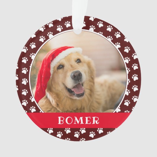 Pet Photo with Paw Print Pattern with Name Ornament (Vorderseite)