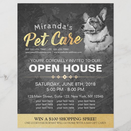 Pet Shop Open House Schwarz & Weiß Dog Ölgemälde Flyer (Vorne)