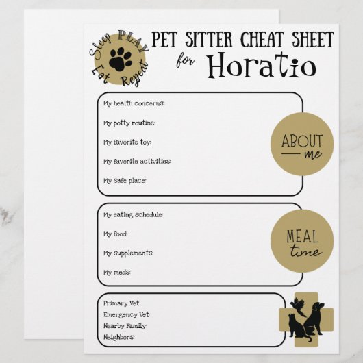 Pet Sitter Cheat Sheet Paper Sheet (Vorne/Hinten)
