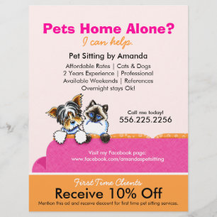 Pet Sitter Coupon Ad Yorkie Cat Couch Pink Flyer