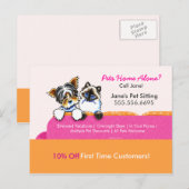 Pet Sitter Coupon Mailer Ad Yorkie Cat Couch Pink Postkarte (Vorne/Hinten)
