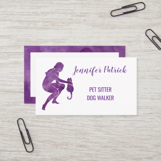 Pet Sitter Dog Walker Watercolor Cat Silhouette Visitenkarte (Vorderseite/Rückseite Beispiel)