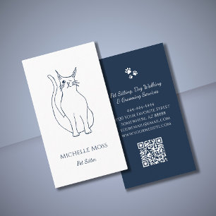 Pet Sitter Winking Cat Navy Blue QR Code Visitenkarte