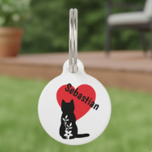 Pet Tag - Black Cat, Red Heart, Flowers