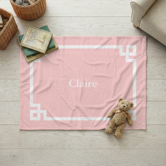 Petal Pink and White Greek Key Monogram Fleecedecke