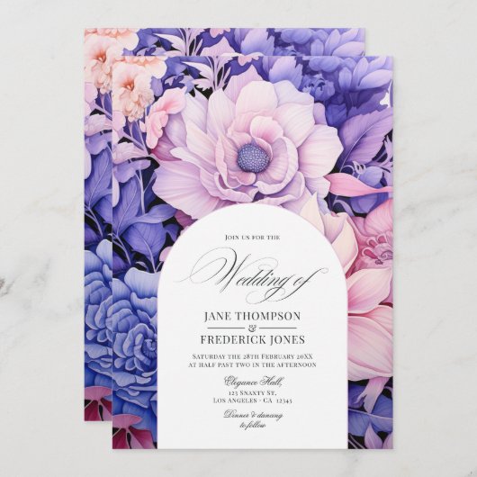 Petal Pink, Cornflower Blue & Mauve Floral Wedding Einladung (Vorne/Hinten)