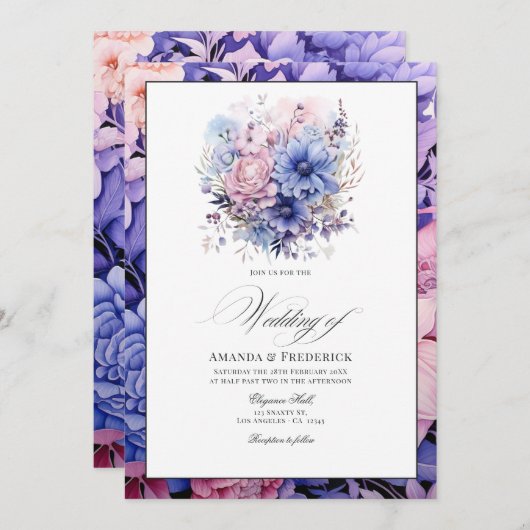 Petal Pink, Cornflower Blue & Mauve Floral Wedding Einladung (Vorne/Hinten)