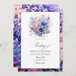 Petal Pink, Cornflower Blue & Mauve Floral Wedding Einladung