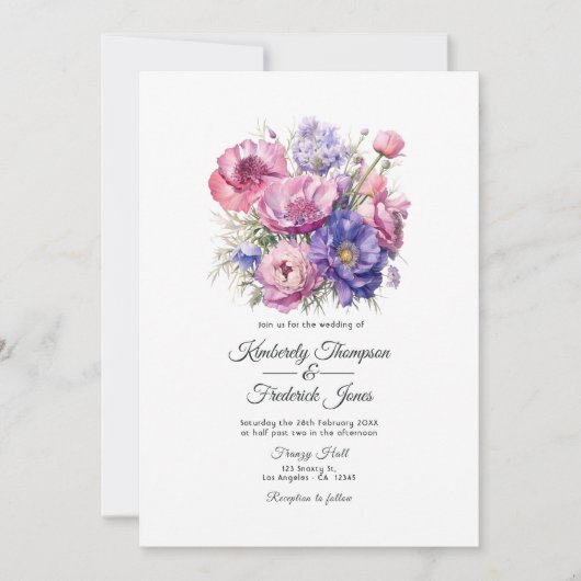 Petal Pink, Cornflower Blue & Mauve Lila Hochzeit Einladung (Vorderseite)