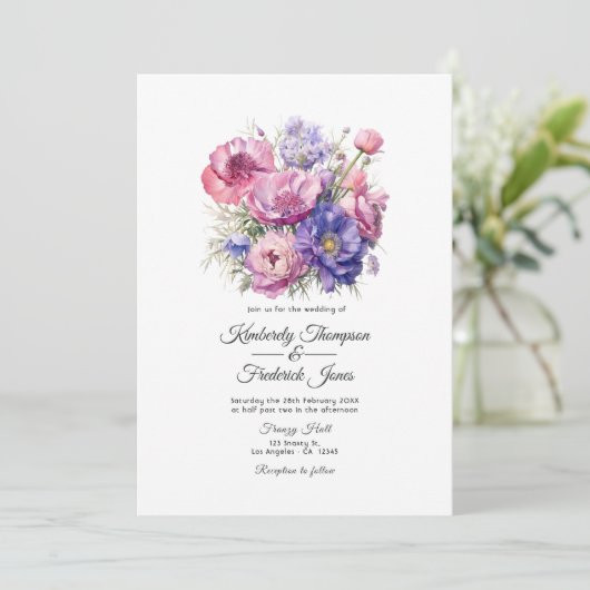 Petal Pink, Cornflower Blue & Mauve Lila Hochzeit Einladung (Stehend Vorderseite)