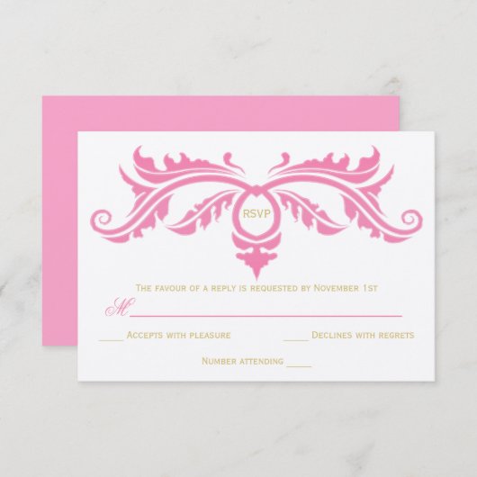 Petal Pink und Gold Scroll auf Elfenbein RSVP-Kart RSVP Karte (Vorne/Hinten)