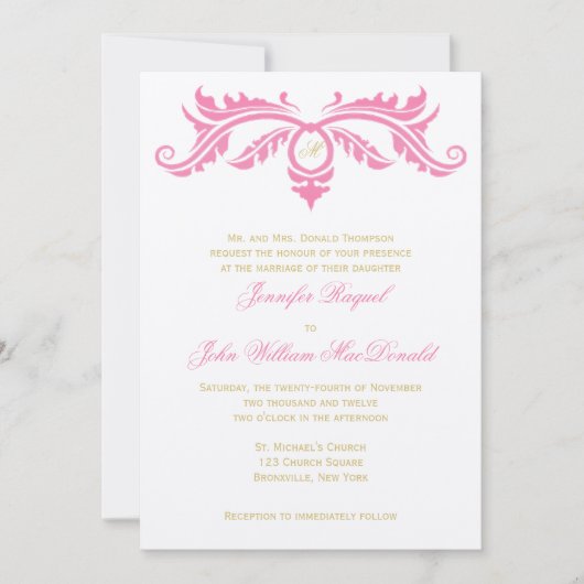 Petal Pink und Gold Scroll auf Ivory Felt Paper Einladung (Vorderseite)