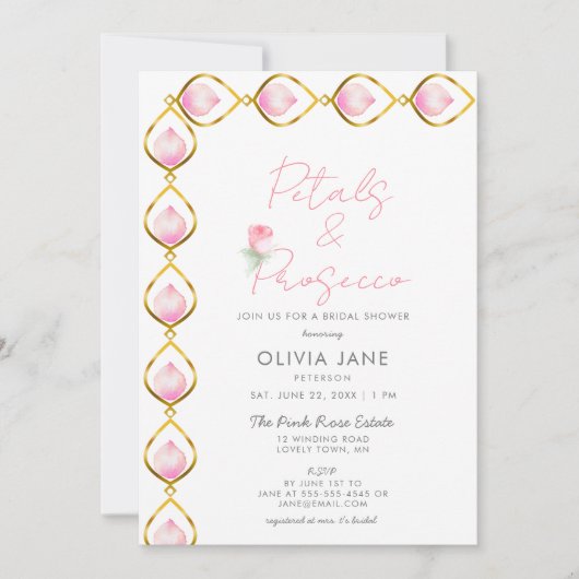 Petal Prosecco Gold Jewel Frame Rose Brautparty Einladung (Vorderseite)