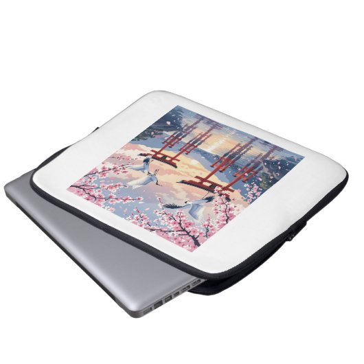 Petal Reverie—A Crane’s Serenade at Sundown Laptopschutzhülle (Vorne Knopf)