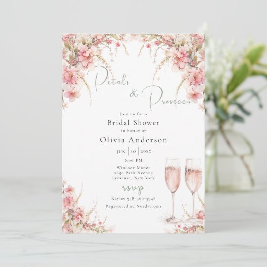 Petal und Prosecco-Brautparty Einladung (Stehend Vorderseite)