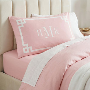 Petale Pink Griechisches Schlüssel-Monogramm Paar  Kissenbezug