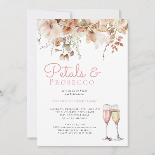 Petalen und Bubbly Prosecco Brautparty Einladung (Vorderseite)