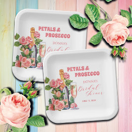 Petalen und Prosecco Flaschen und Rose Brautparty Pappteller