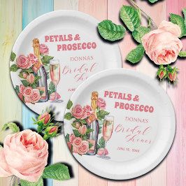 Petalen und Prosecco Flaschen und Rose Brautparty Pappteller