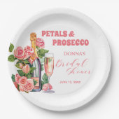 Petalen und Prosecco Flaschen und Rose Brautparty Pappteller (Vorderseite)