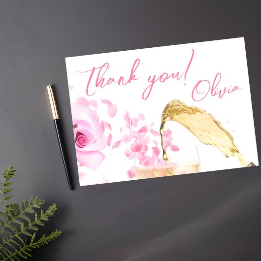 Petalen und Prosecco-rosa Brautparty Dankeskarte