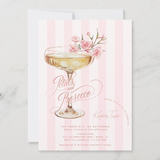 Petalen und Prosecco-rosa Brautparty Einladung (Vorderseite)