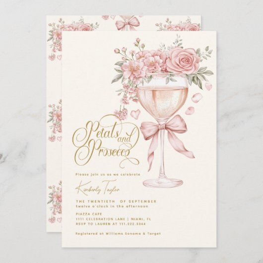 Petalen und Prosecco Rosa Garden Brautparty Einladung (Vorne/Hinten)