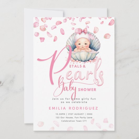 Petals and Pearls Pink Baby Girl Dusche Einladung (Vorderseite)