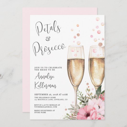 Petals And Prosecco Bridal Shower Einladung (Vorne/Hinten)