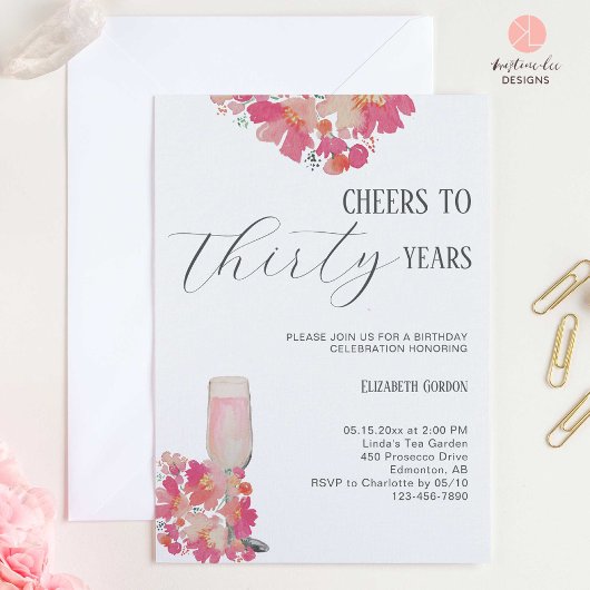 Petals & Prosecco 30. Geburtstag Blumenrosa Chic Einladung