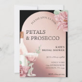 Petals & Prosecco Black & Rose Gold Brautparty Einladung (Vorderseite)
