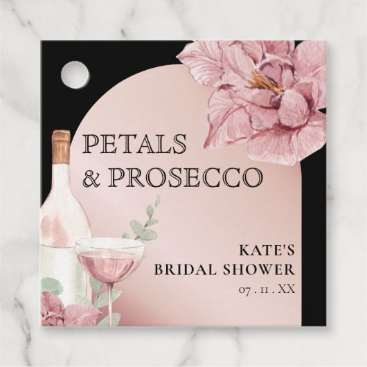 Petals & Prosecco Black & Rose Gold Brautparty Geschenkanhänger (Vorderseite)