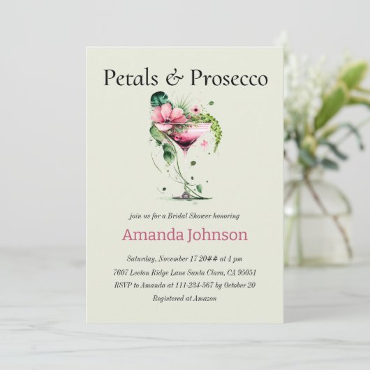 Petals & Prosecco Blume Brautparty Einladung (Stehend Vorderseite)