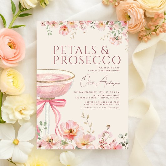 Petals & Prosecco Blush Pink Bow Bridal Shower  Einladung