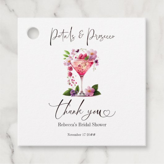 Petals & Prosecco Blush Pink Brautparty Geschenkanhänger (Vorderseite)