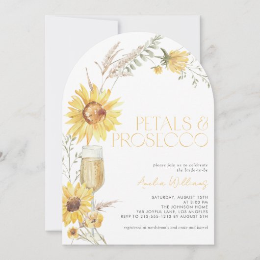 Petals & Prosecco Boho Sunflower Bridal Shower Einladung (Vorderseite)
