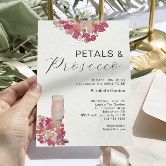 Petals & Prosecco Brautparty Blumenrosa Chic Einladung