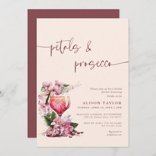 Petals & Prosecco Brautparty Boho Mauve Einladung (Vorne/Hinten)