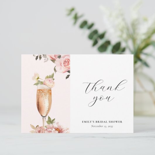 Petals & Prosecco Brautparty Dankeskarte (Stehend Vorderseite)