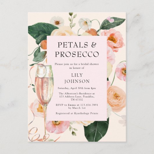 Petals & Prosecco Brautparty Einladungspostkarte (Vorderseite)