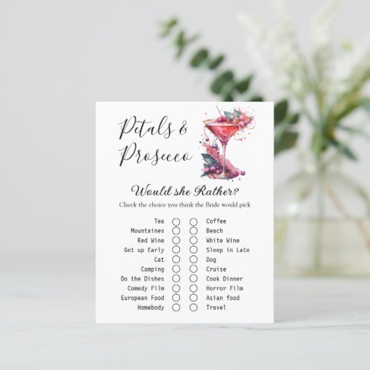 Petals & Prosecco Brautparty Game Card (Stehend Vorderseite)