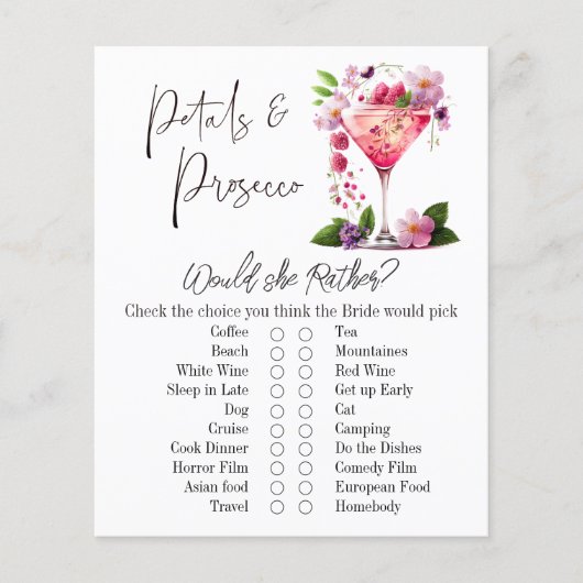 Petals & Prosecco Brautparty Game Card (Vorderseite)