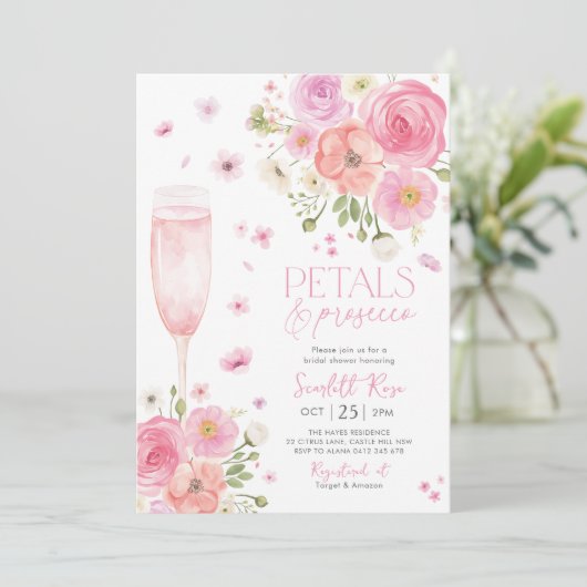 Petals Prosecco Brautparty Liebe in Bloom Lila Einladung (Stehend Vorderseite)