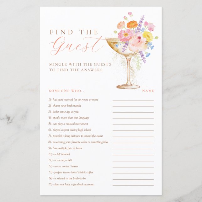 Petals & Prosecco Bridal Shower Find the Guest (Vorderseite)