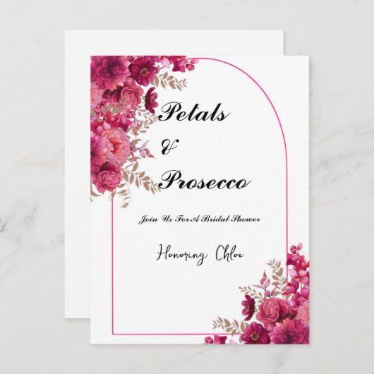 PETALS & PROSECCO BRIDAL SHOWING INVITATION, PINK POSTKARTE (Vorne/Hinten)