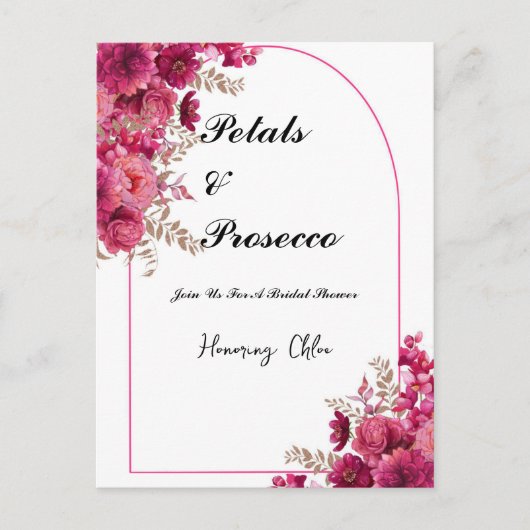 PETALS & PROSECCO BRIDAL SHOWING INVITATION, PINK POSTKARTE (Vorderseite)